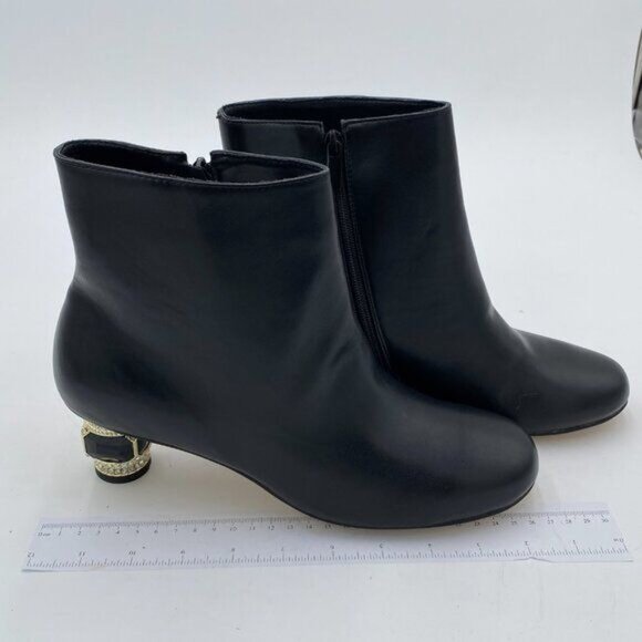 FSJ Women Round Toe Crystal Chunky Block Low Heel Ankle Boots Fashion Side Zip
